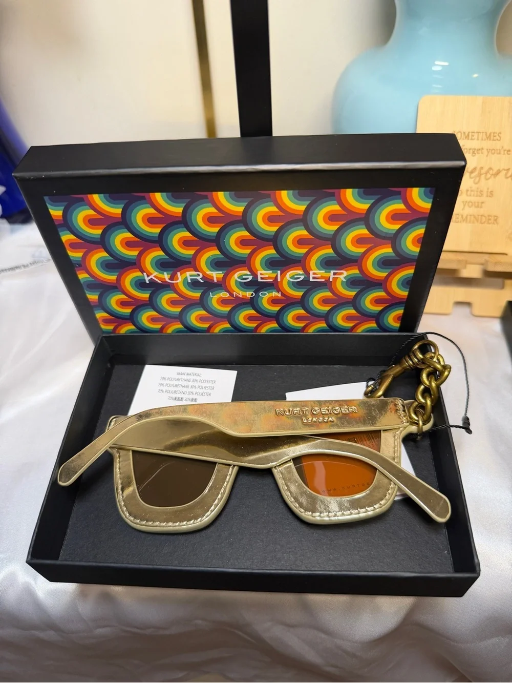 Kurt Geiger Gold Square Sunglasses with Multicolor Stones Bag Charm Keychain NWT